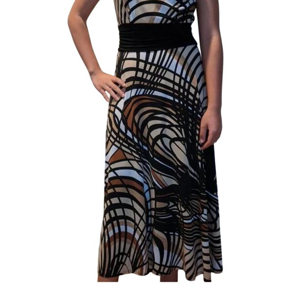 Perceptions Black Brown Abstract Print Midi Maxi Dress Size 14 Fall Sleeveless - Picture 8 of 9